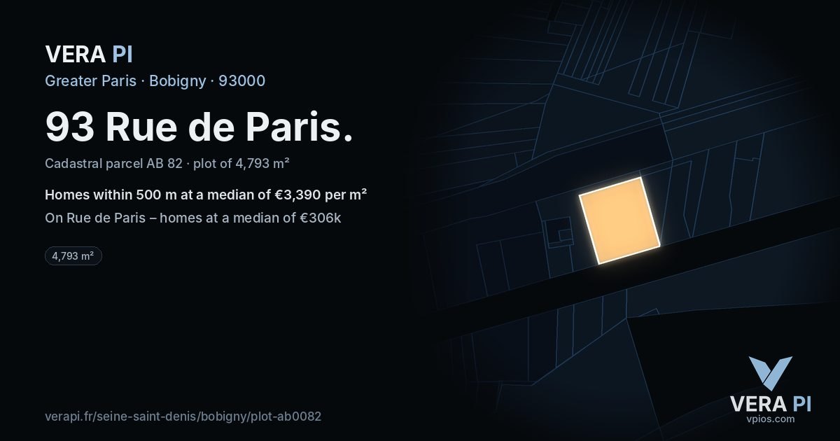 93 Rue de Paris, Bobigny at night – the plot lit, the parcels around coloured by the prices near them