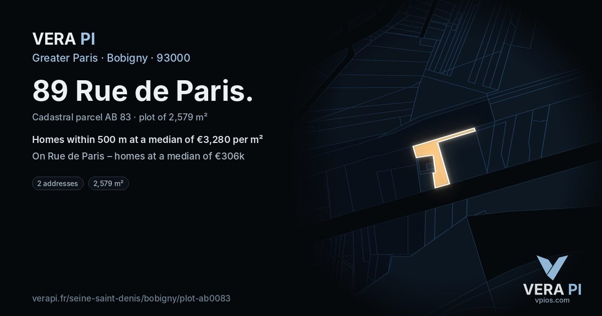 89 Rue de Paris, Bobigny at night – the plot lit, the parcels around coloured by the prices near them