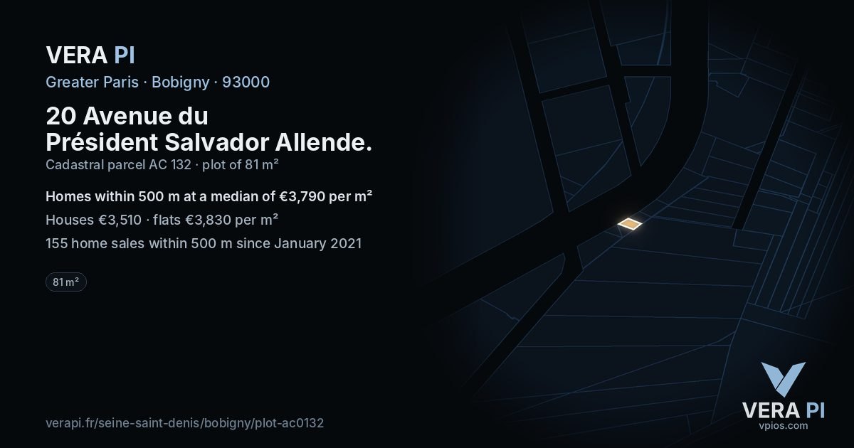 20 Avenue du Président Salvador Allende, Bobigny at night – the plot lit, the parcels around coloured by the prices near them