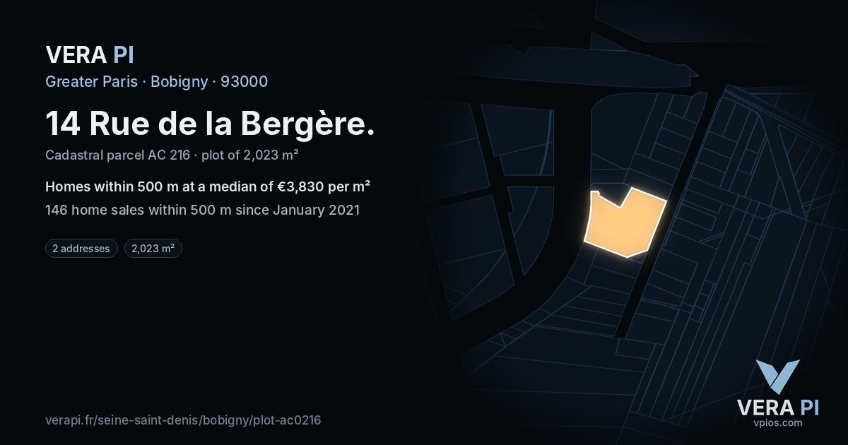 14 Rue de la Bergère, Bobigny at night – the plot lit, the parcels around coloured by the prices near them