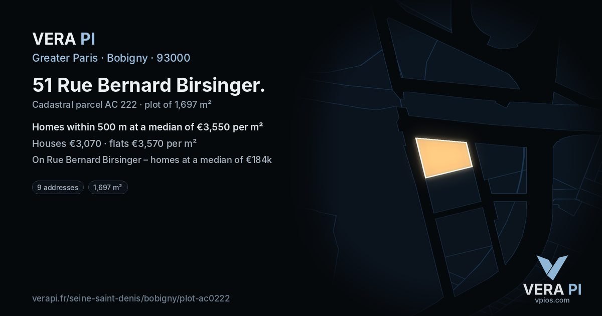 51 Rue Bernard Birsinger, Bobigny at night – the plot lit, the parcels around coloured by the prices near them