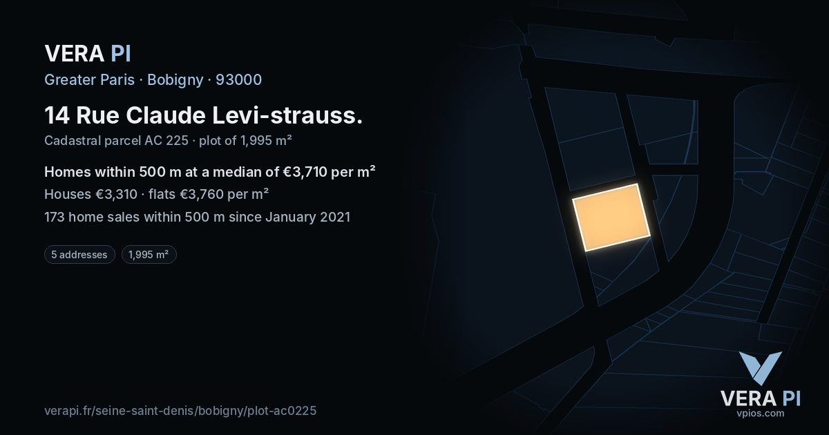 14 Rue Claude Levi-strauss, Bobigny at night – the plot lit, the parcels around coloured by the prices near them