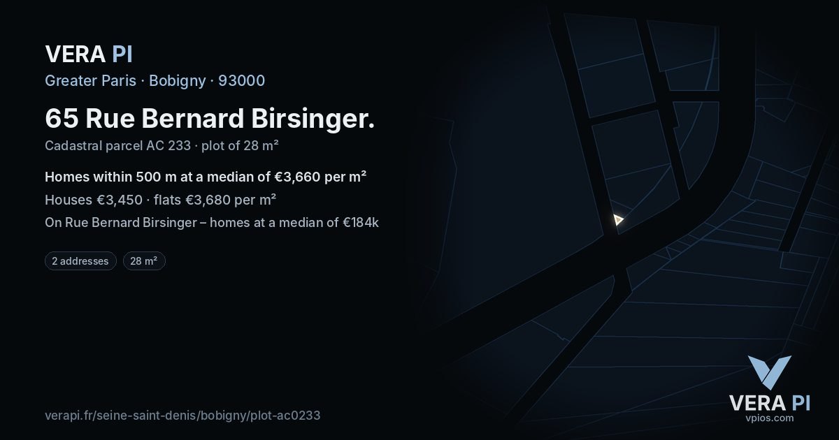 65 Rue Bernard Birsinger, Bobigny at night – the plot lit, the parcels around coloured by the prices near them