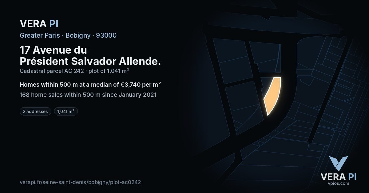 17 Avenue du Président Salvador Allende, Bobigny at night – the plot lit, the parcels around coloured by the prices near them