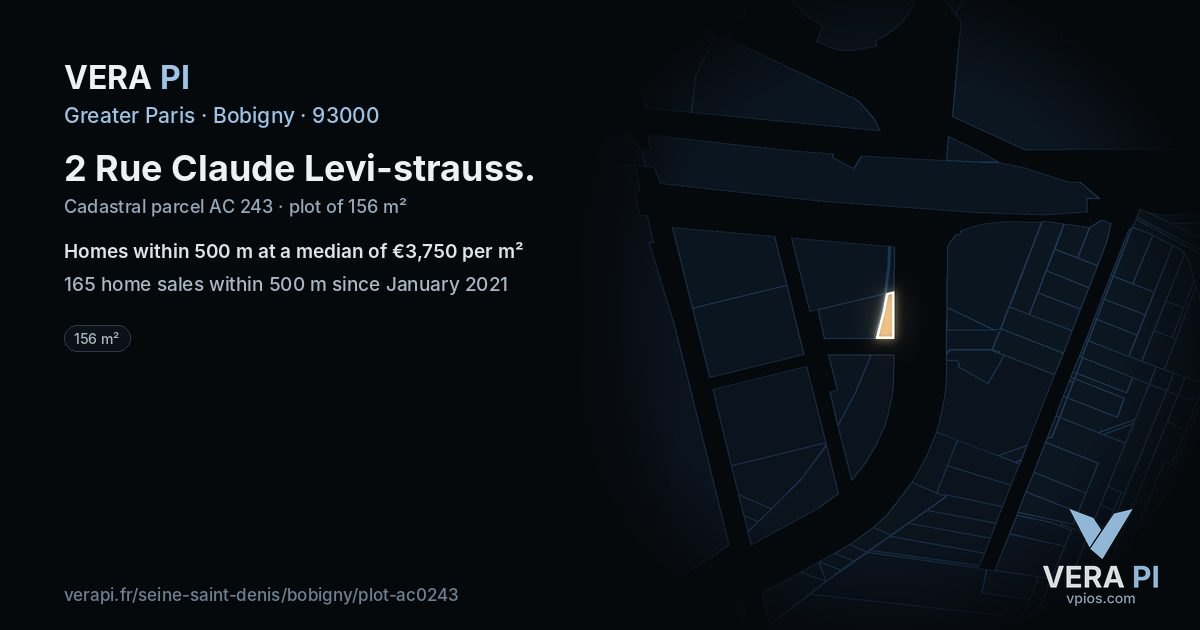 2 Rue Claude Levi-strauss, Bobigny at night – the plot lit, the parcels around coloured by the prices near them