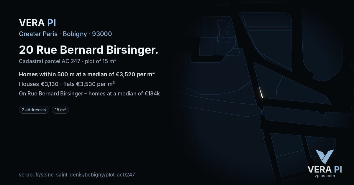 20 Rue Bernard Birsinger, Bobigny at night – the plot lit, the parcels around coloured by the prices near them