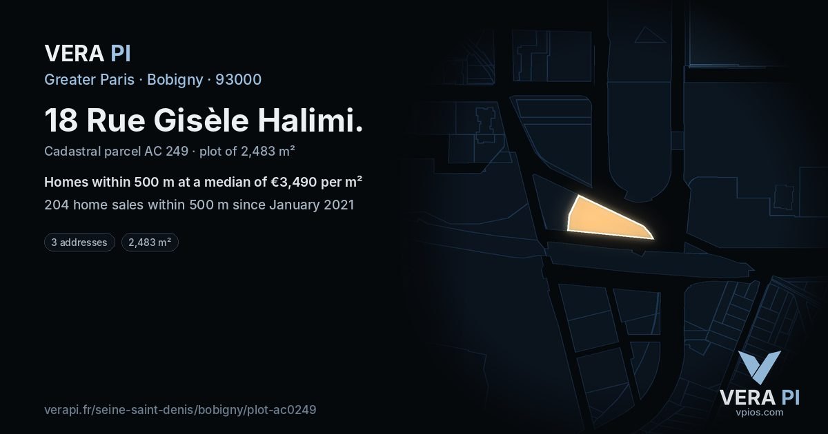 18 Rue Gisèle Halimi, Bobigny at night – the plot lit, the parcels around coloured by the prices near them