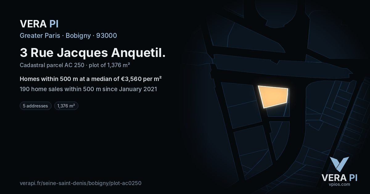 3 Rue Jacques Anquetil, Bobigny at night – the plot lit, the parcels around coloured by the prices near them