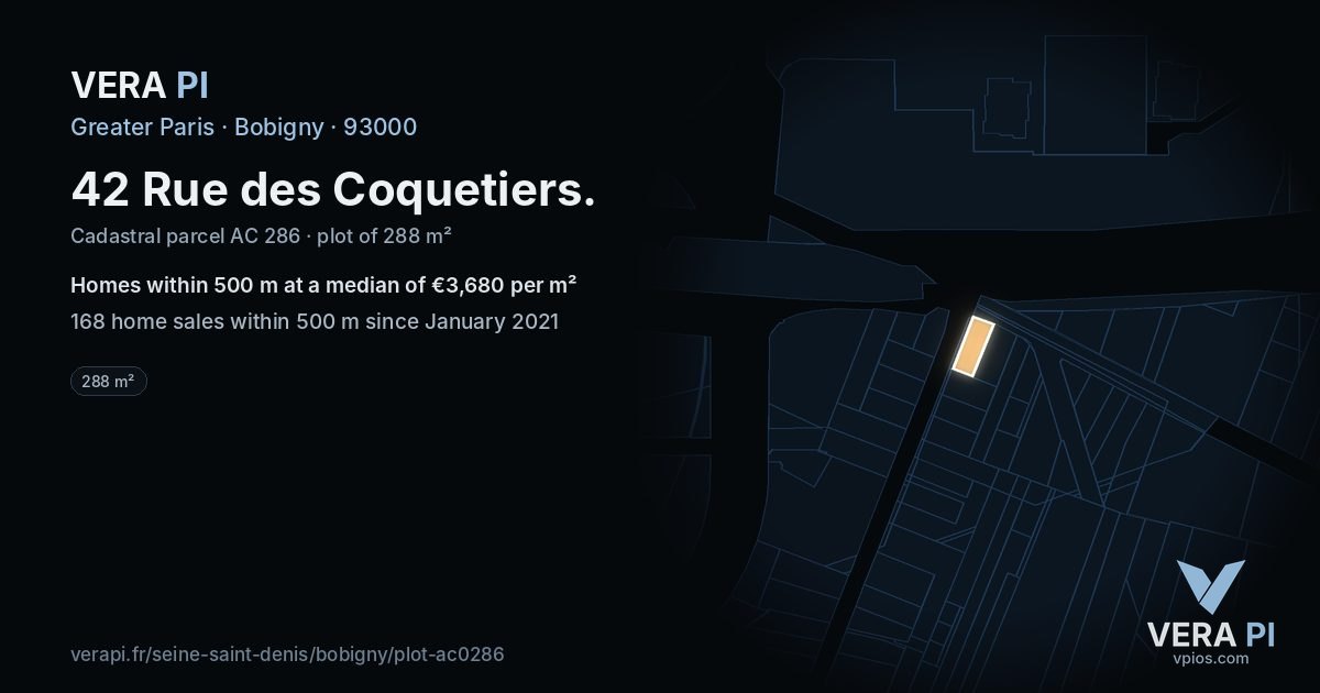 42 Rue des Coquetiers, Bobigny at night – the plot lit, the parcels around coloured by the prices near them