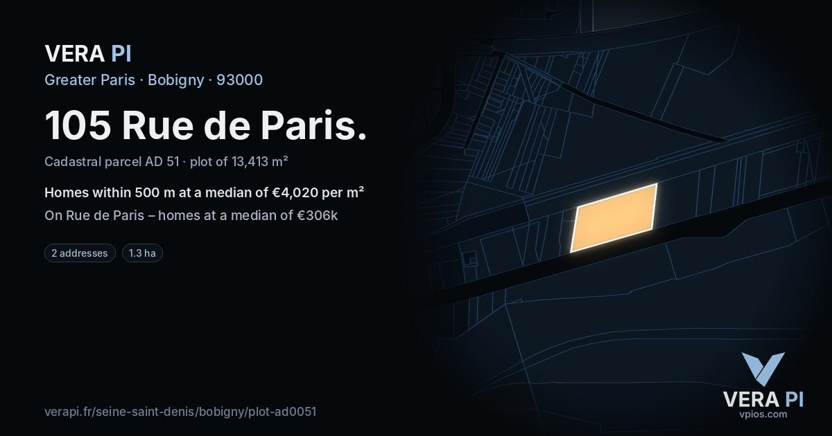 105 Rue de Paris, Bobigny at night – the plot lit, the parcels around coloured by the prices near them