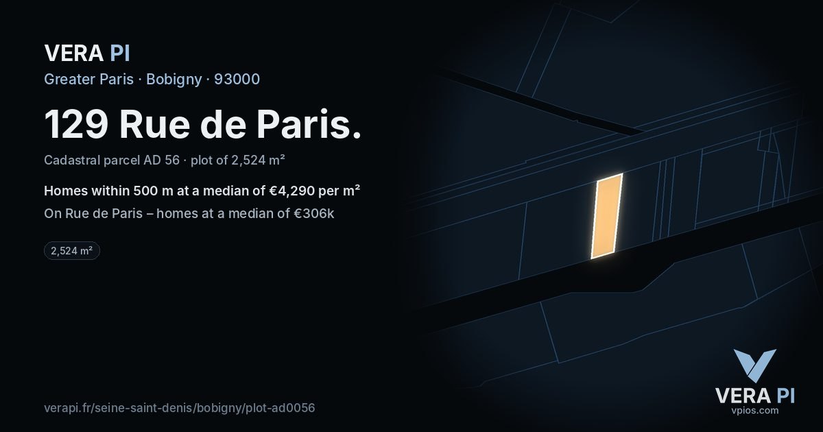 129 Rue de Paris, Bobigny at night – the plot lit, the parcels around coloured by the prices near them