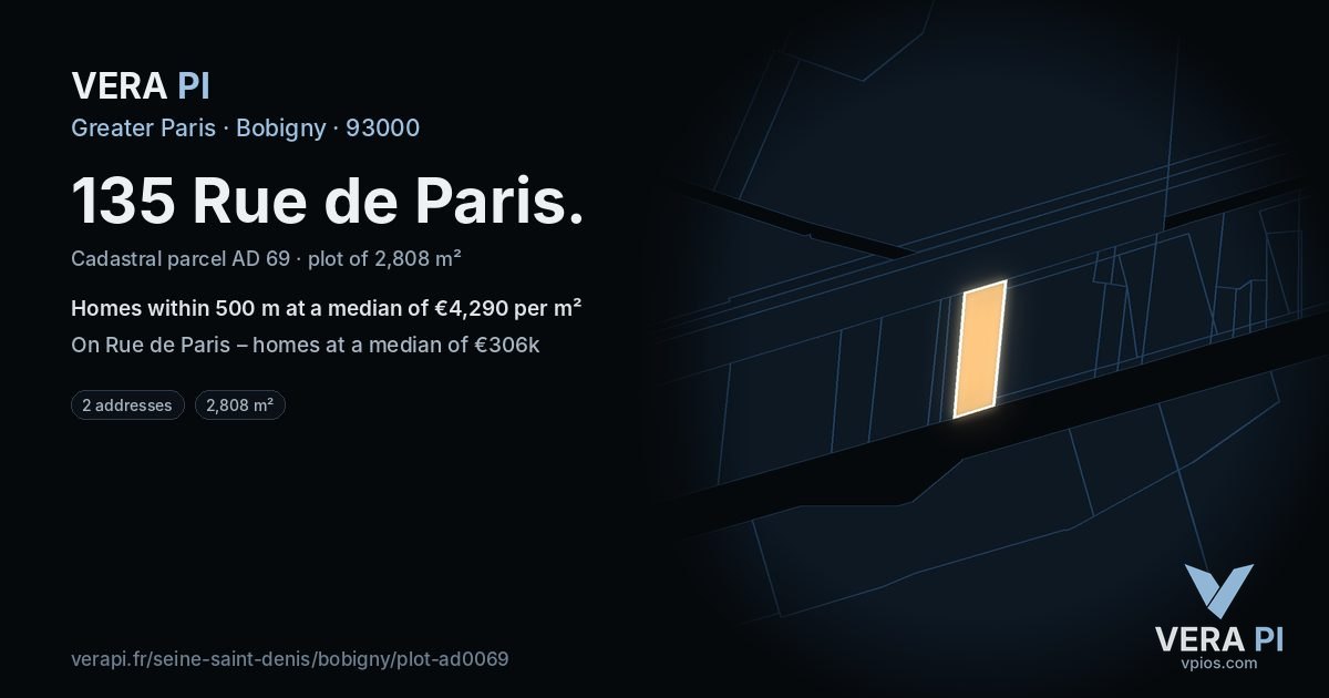 135 Rue de Paris, Bobigny at night – the plot lit, the parcels around coloured by the prices near them