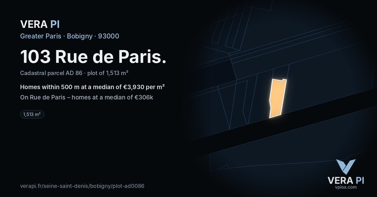 103 Rue de Paris, Bobigny at night – the plot lit, the parcels around coloured by the prices near them