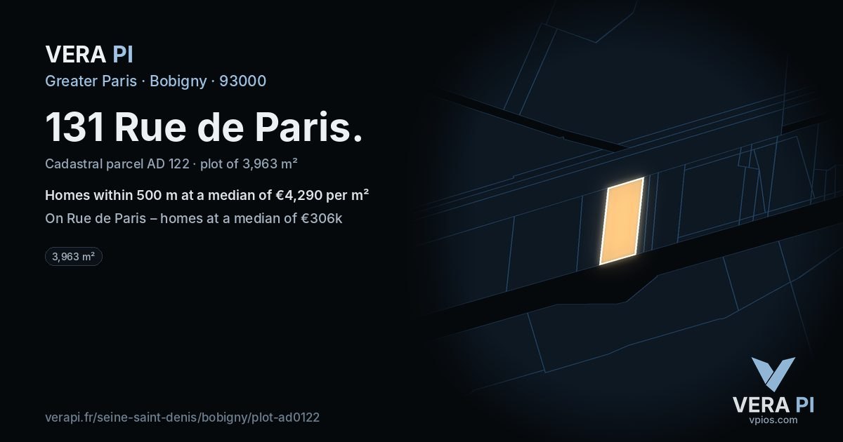 131 Rue de Paris, Bobigny at night – the plot lit, the parcels around coloured by the prices near them