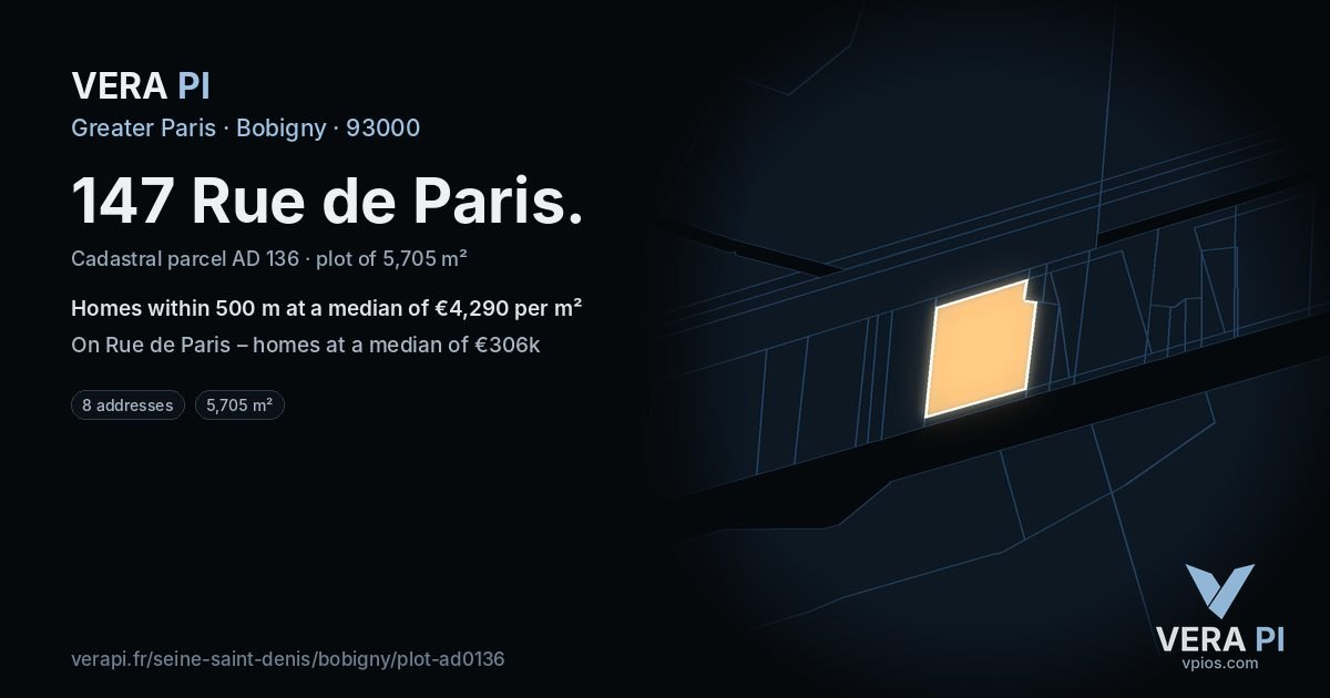 147 Rue de Paris, Bobigny at night – the plot lit, the parcels around coloured by the prices near them