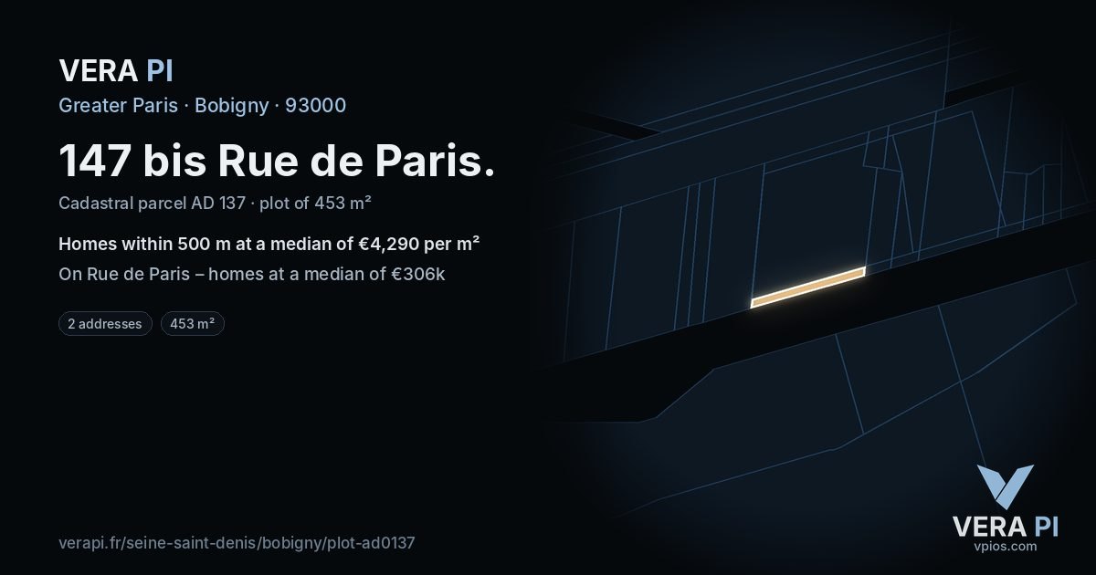 147 bis Rue de Paris, Bobigny at night – the plot lit, the parcels around coloured by the prices near them