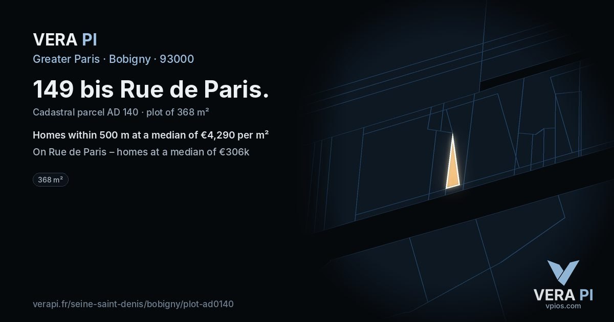 149 bis Rue de Paris, Bobigny at night – the plot lit, the parcels around coloured by the prices near them