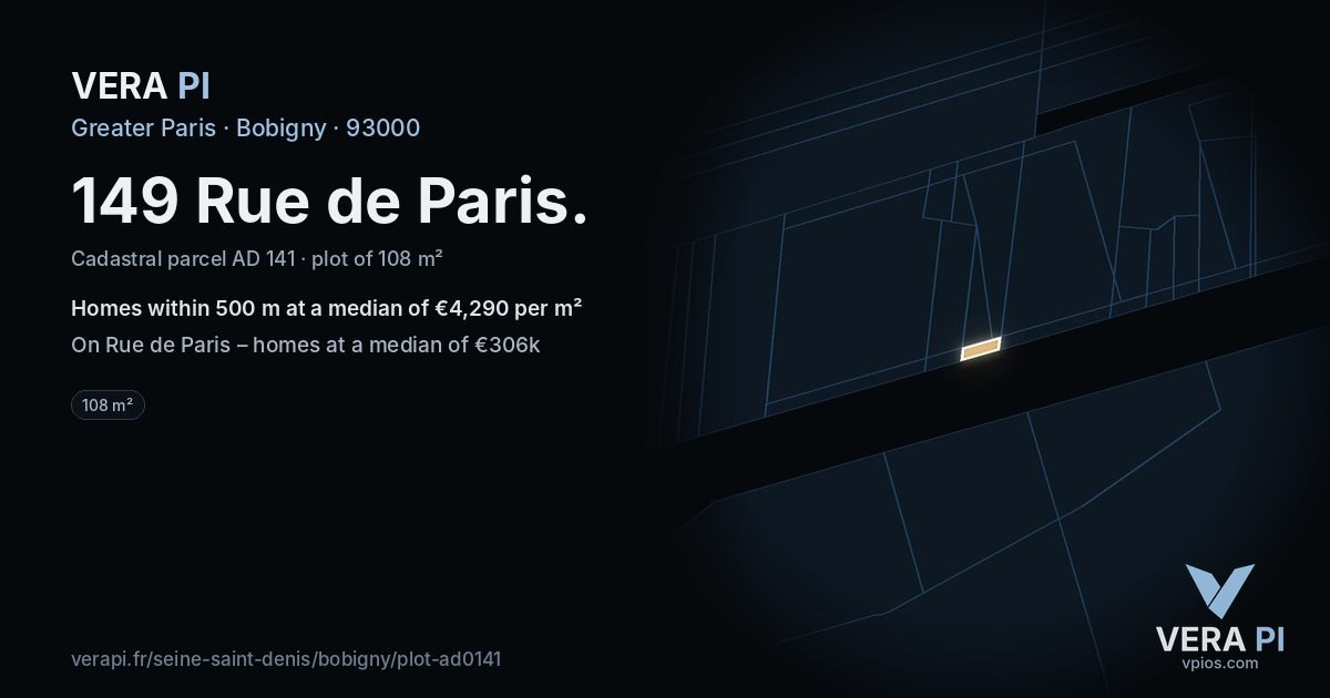 149 Rue de Paris, Bobigny at night – the plot lit, the parcels around coloured by the prices near them