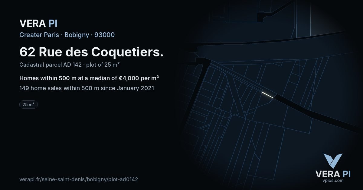 62 Rue des Coquetiers, Bobigny at night – the plot lit, the parcels around coloured by the prices near them