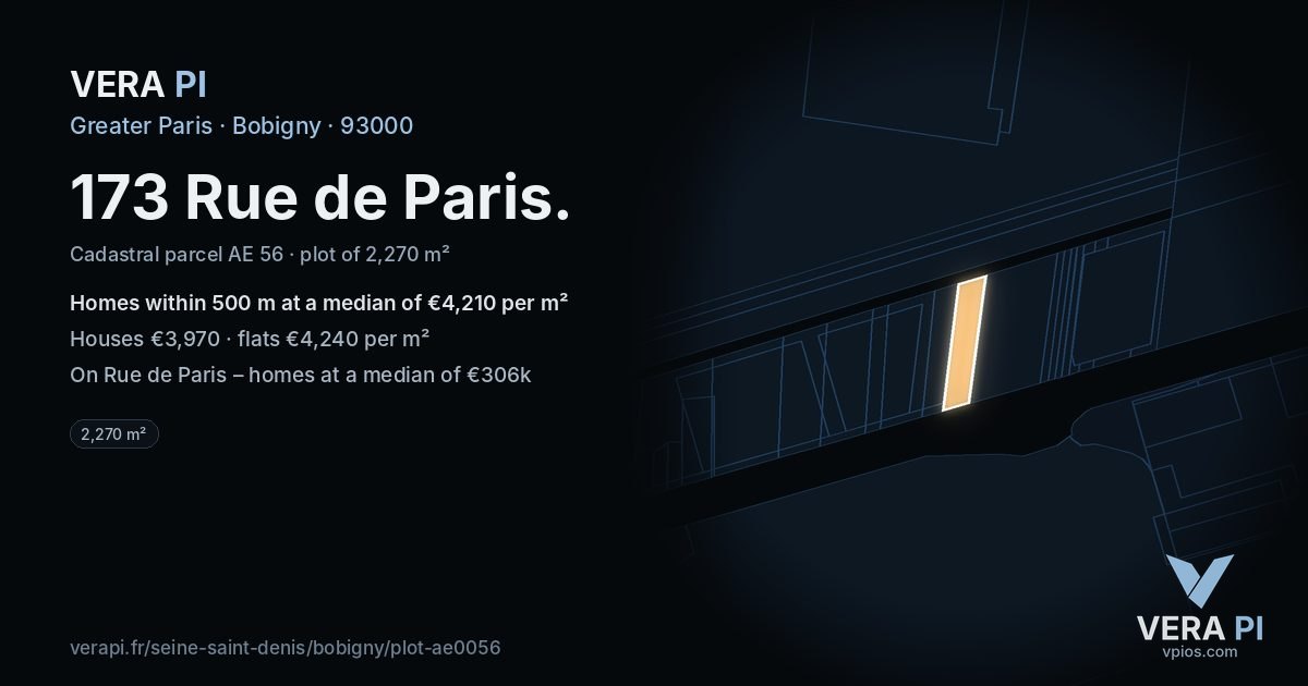 173 Rue de Paris, Bobigny at night – the plot lit, the parcels around coloured by the prices near them