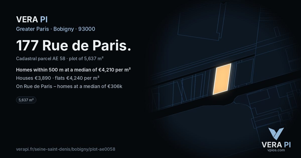 177 Rue de Paris, Bobigny at night – the plot lit, the parcels around coloured by the prices near them