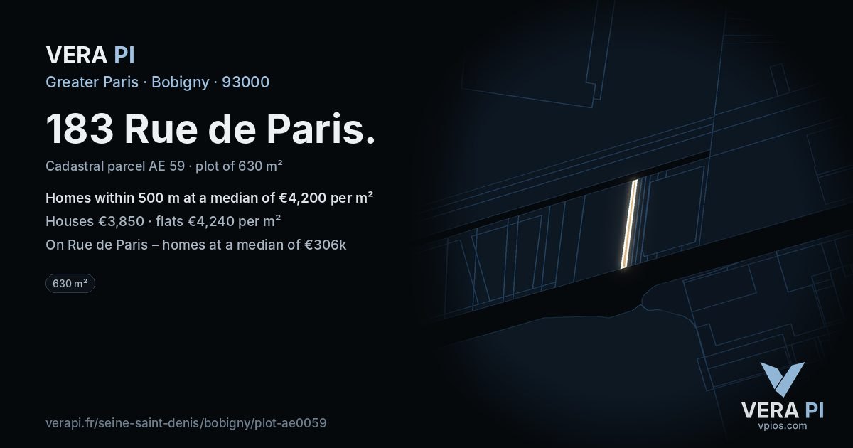 183 Rue de Paris, Bobigny at night – the plot lit, the parcels around coloured by the prices near them