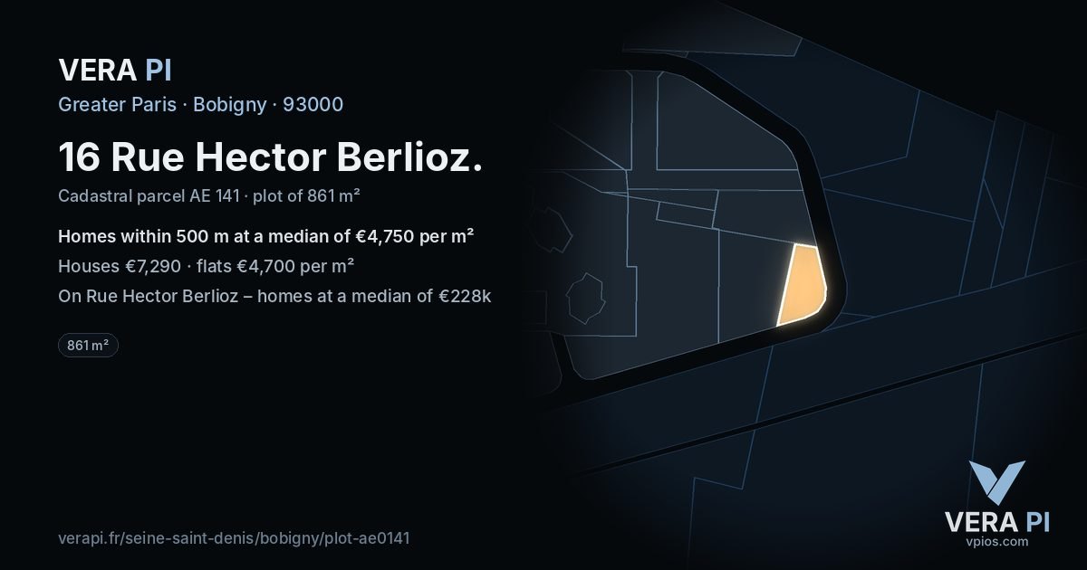 16 Rue Hector Berlioz, Bobigny at night – the plot lit, the parcels around coloured by the prices near them