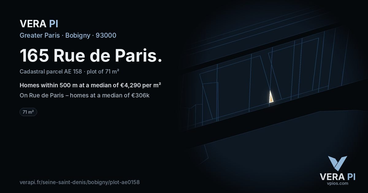 165 Rue de Paris, Bobigny at night – the plot lit, the parcels around coloured by the prices near them