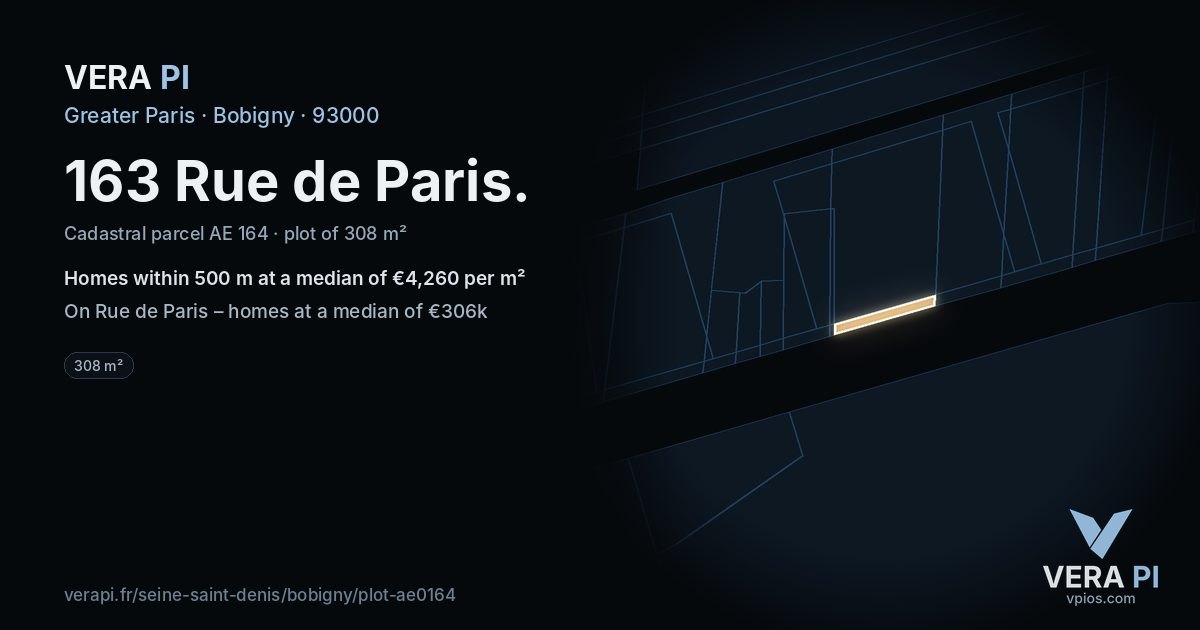 163 Rue de Paris, Bobigny at night – the plot lit, the parcels around coloured by the prices near them