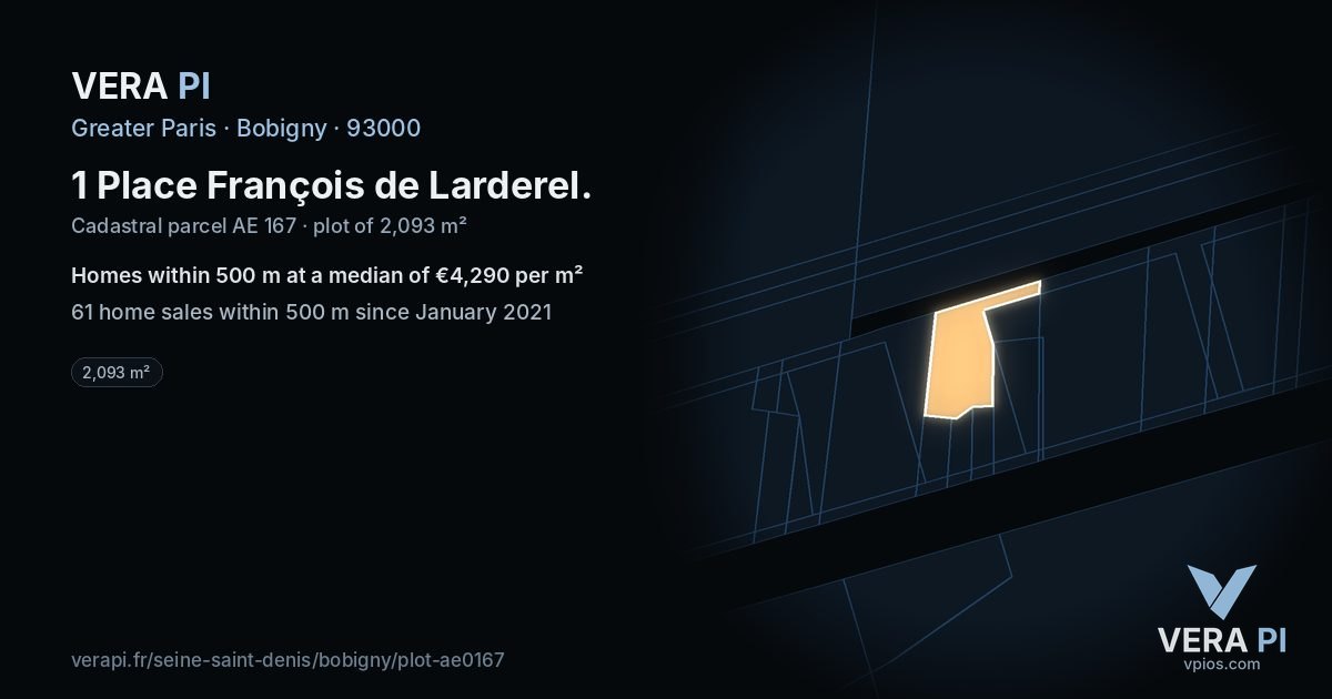 1 Place François de Larderel, Bobigny at night – the plot lit, the parcels around coloured by the prices near them