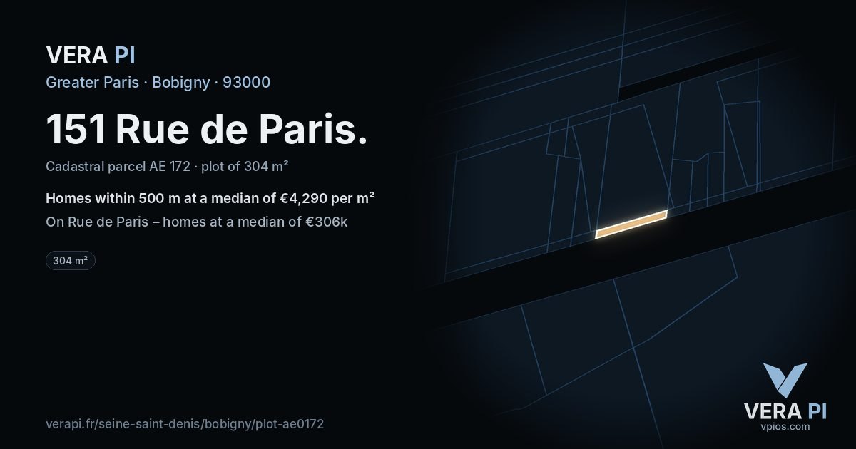 151 Rue de Paris, Bobigny at night – the plot lit, the parcels around coloured by the prices near them