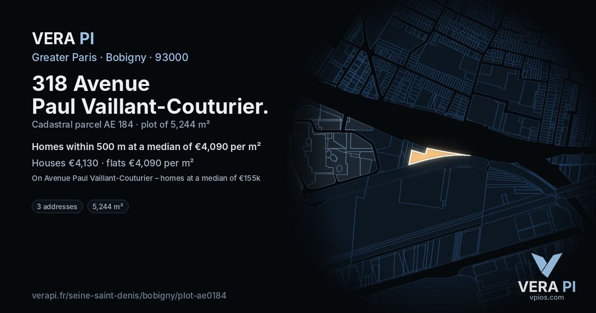 318 Avenue Paul Vaillant-Couturier, Bobigny at night – the plot lit, the parcels around coloured by the prices near them