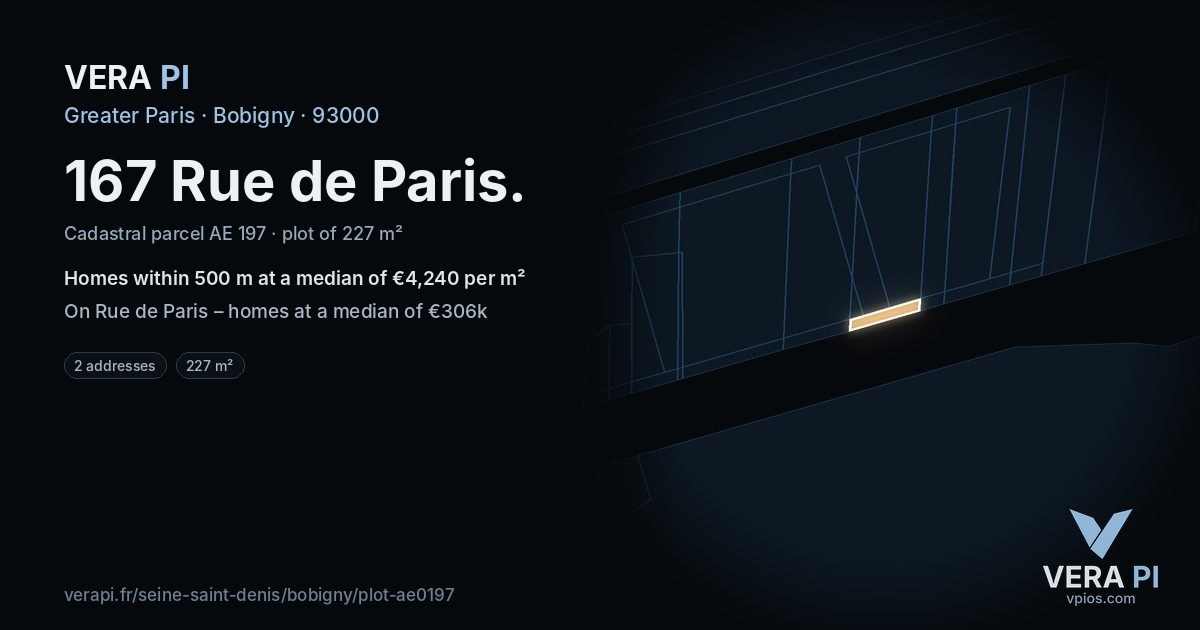 167 Rue de Paris, Bobigny at night – the plot lit, the parcels around coloured by the prices near them