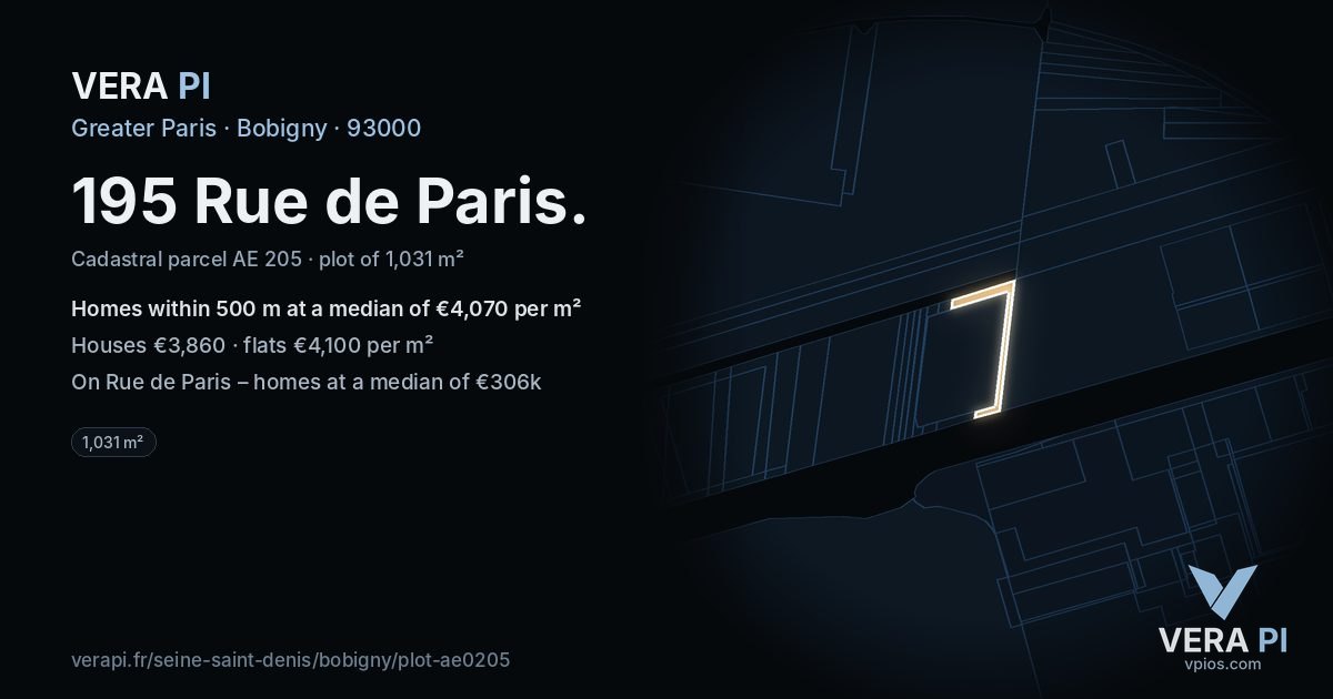 195 Rue de Paris, Bobigny at night – the plot lit, the parcels around coloured by the prices near them