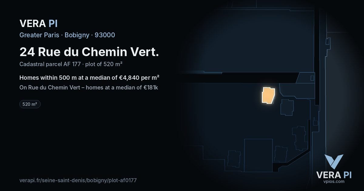 24 Rue du Chemin Vert, Bobigny at night – the plot lit, the parcels around coloured by the prices near them