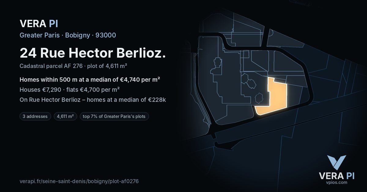 24 Rue Hector Berlioz, Bobigny at night – the plot lit, the parcels around coloured by the prices near them