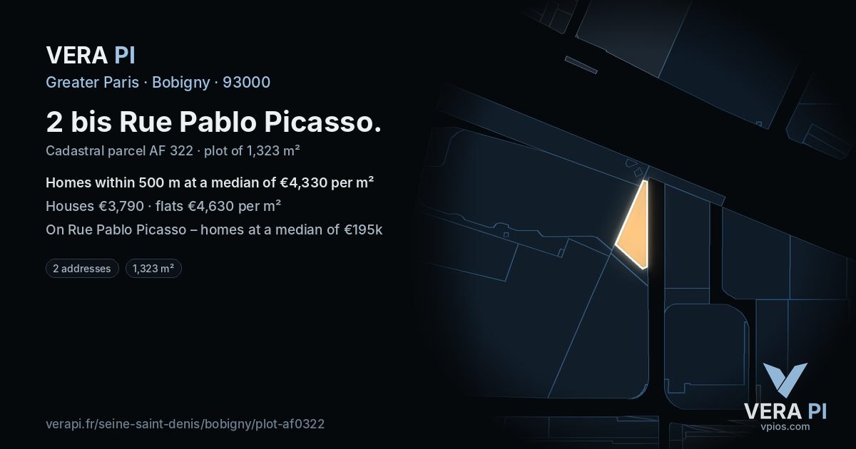 2 bis Rue Pablo Picasso, Bobigny at night – the plot lit, the parcels around coloured by the prices near them