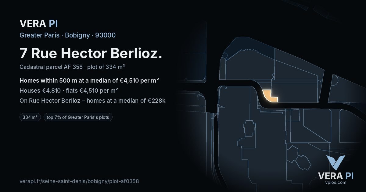 7 Rue Hector Berlioz, Bobigny at night – the plot lit, the parcels around coloured by the prices near them