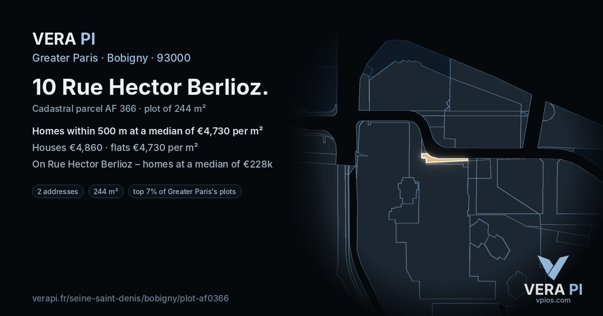 10 Rue Hector Berlioz, Bobigny at night – the plot lit, the parcels around coloured by the prices near them