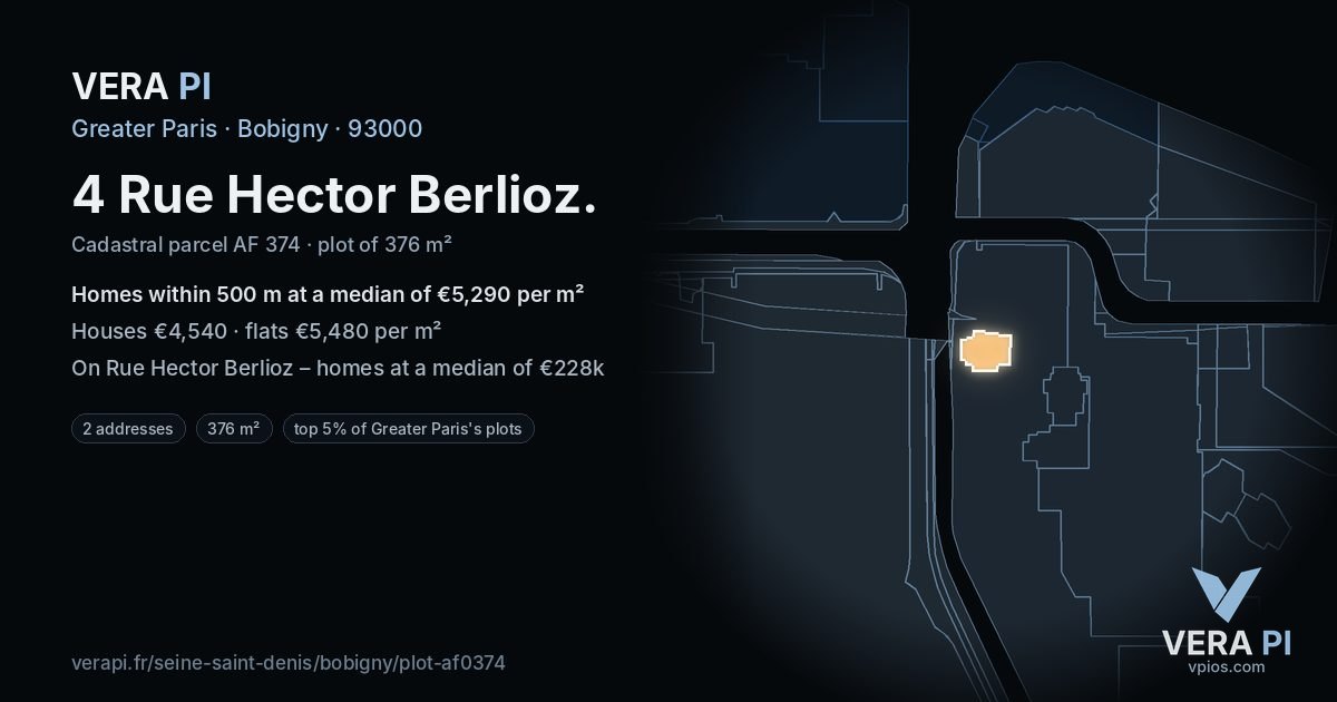 4 Rue Hector Berlioz, Bobigny at night – the plot lit, the parcels around coloured by the prices near them