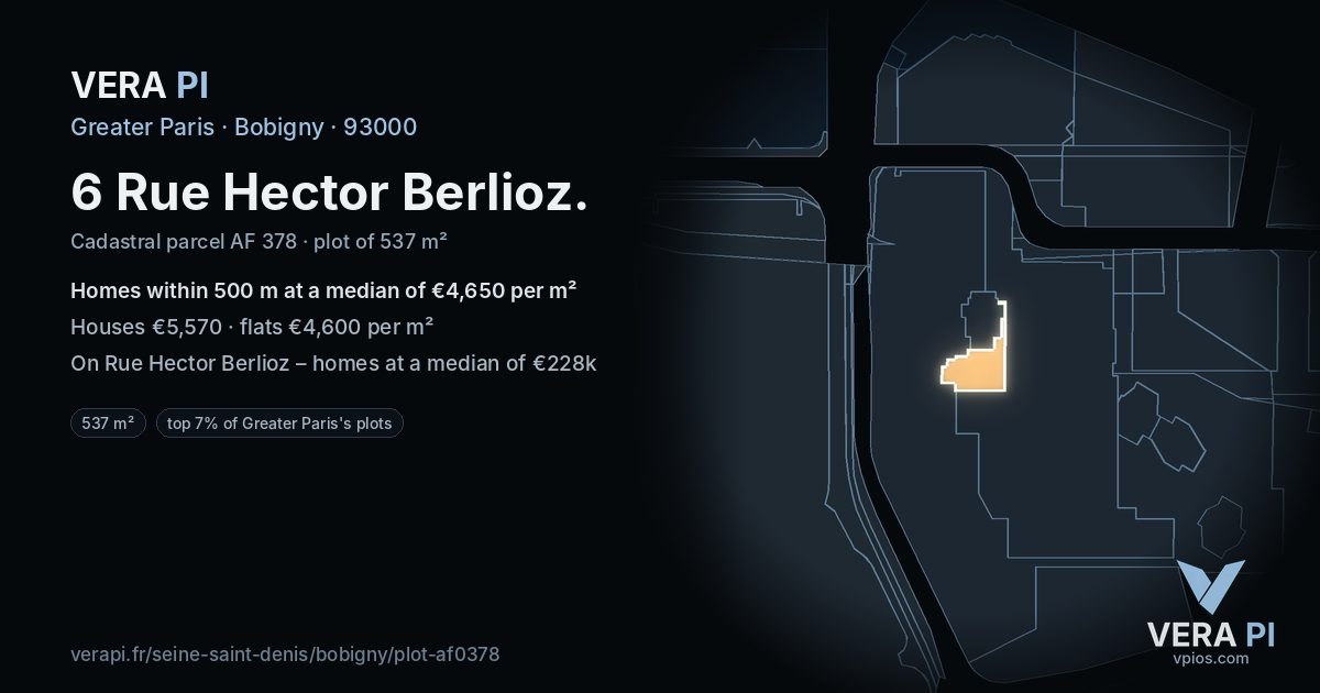 6 Rue Hector Berlioz, Bobigny at night – the plot lit, the parcels around coloured by the prices near them