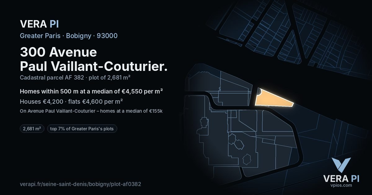 300 Avenue Paul Vaillant-Couturier, Bobigny at night – the plot lit, the parcels around coloured by the prices near them