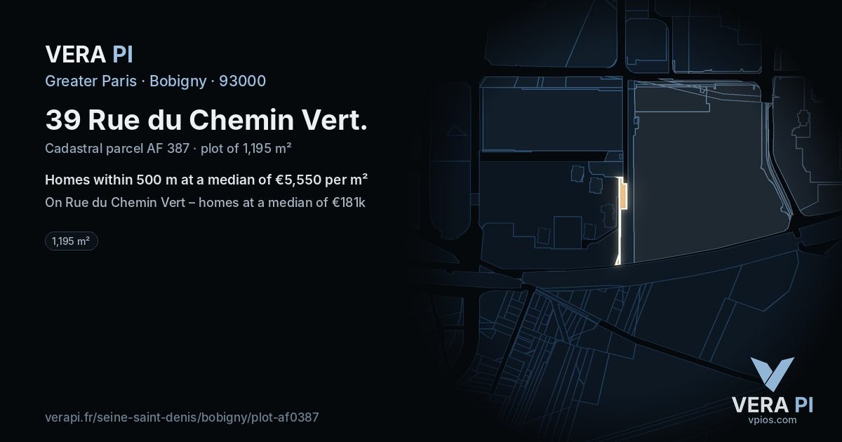 39 Rue du Chemin Vert, Bobigny at night – the plot lit, the parcels around coloured by the prices near them