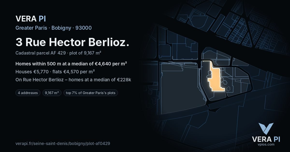 3 Rue Hector Berlioz, Bobigny at night – the plot lit, the parcels around coloured by the prices near them