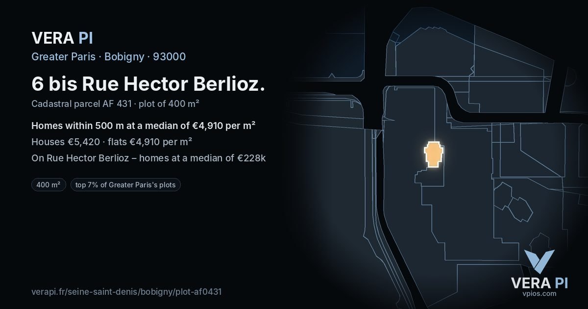 6 bis Rue Hector Berlioz, Bobigny at night – the plot lit, the parcels around coloured by the prices near them