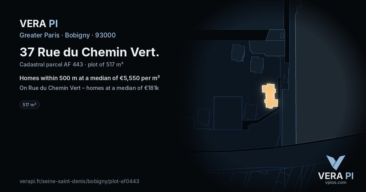 37 Rue du Chemin Vert, Bobigny at night – the plot lit, the parcels around coloured by the prices near them