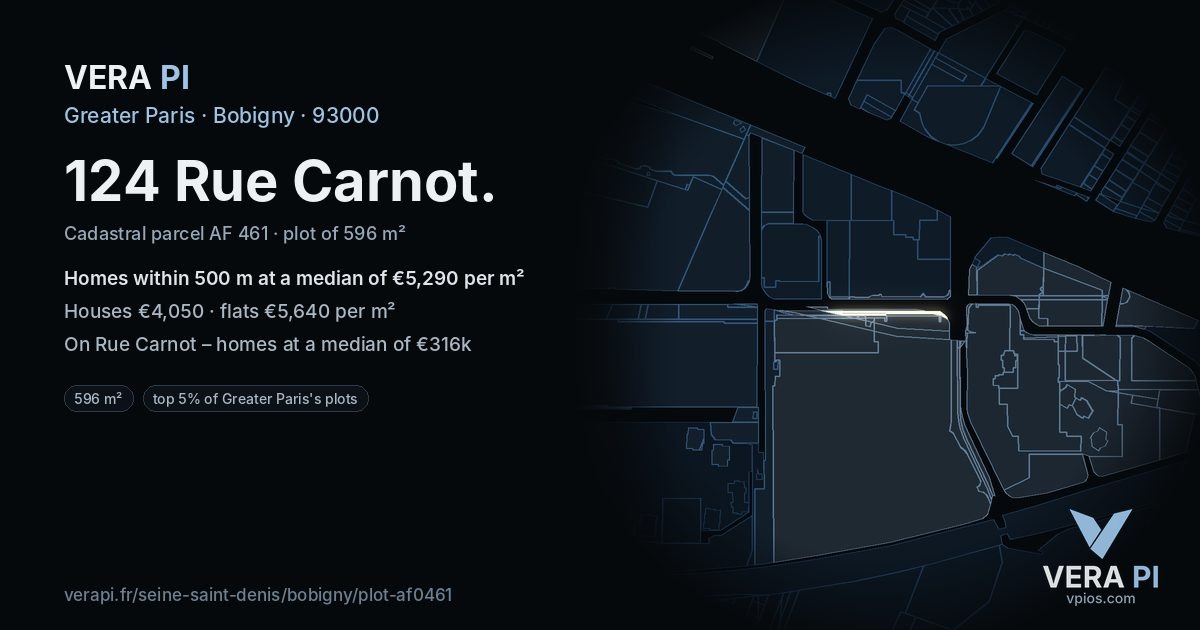 124 Rue Carnot, Bobigny at night – the plot lit, the parcels around coloured by the prices near them