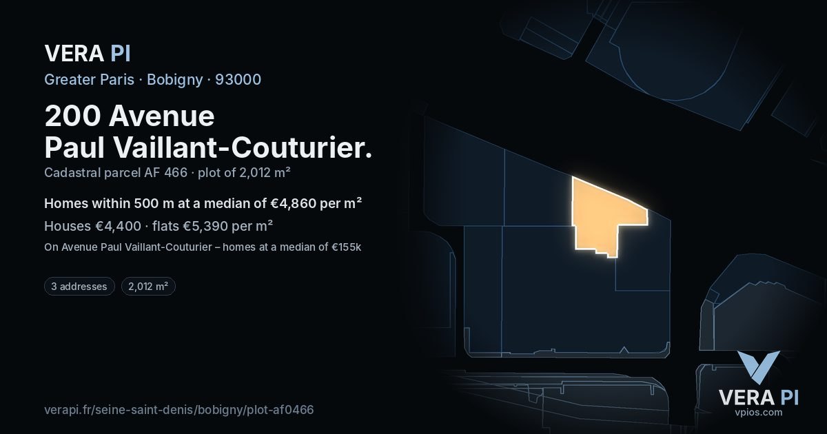 200 Avenue Paul Vaillant-Couturier, Bobigny at night – the plot lit, the parcels around coloured by the prices near them