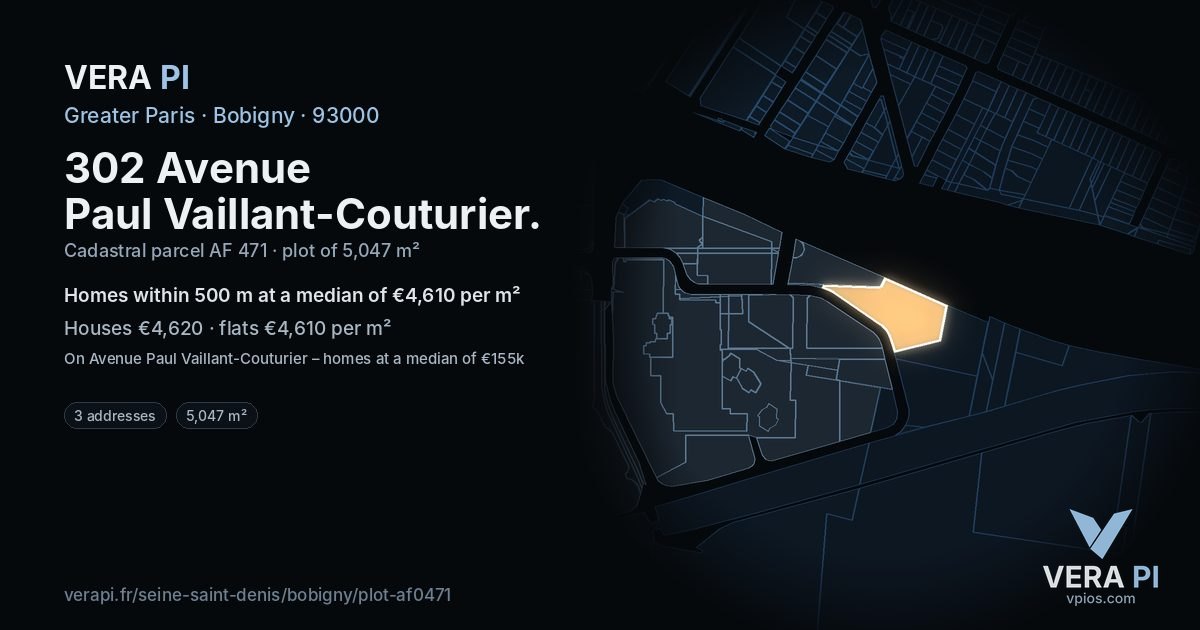 302 Avenue Paul Vaillant-Couturier, Bobigny at night – the plot lit, the parcels around coloured by the prices near them