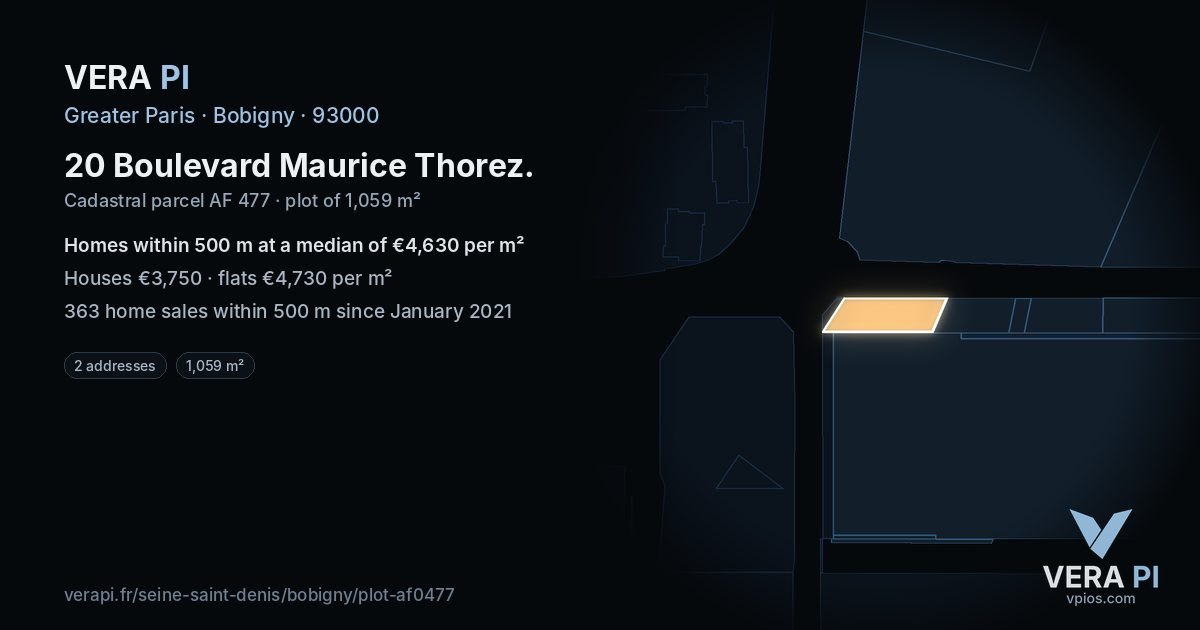 20 Boulevard Maurice Thorez, Bobigny at night – the plot lit, the parcels around coloured by the prices near them